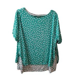 Susan Graver Liquid Knit Layered Top Metal Ring Details Polka Dot Mint White 2XL